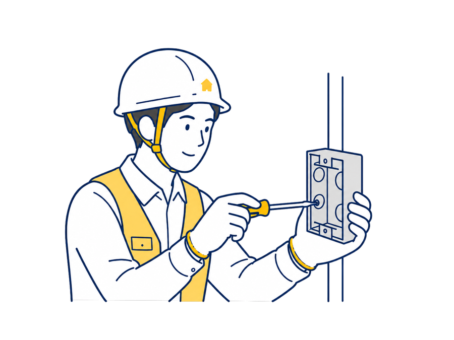 器具とボックスを取り付ける作業員のイラスト